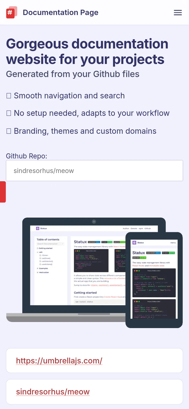 Mobile view of documentation.page