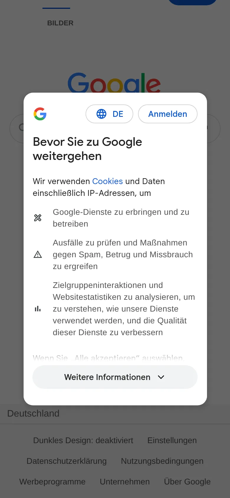 Mobile view of google.com