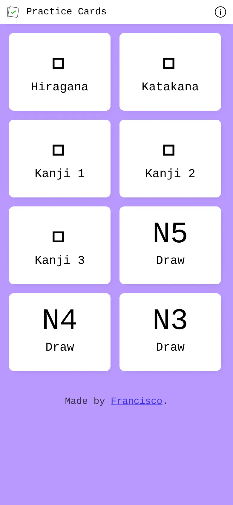Mobile view of practice.cards