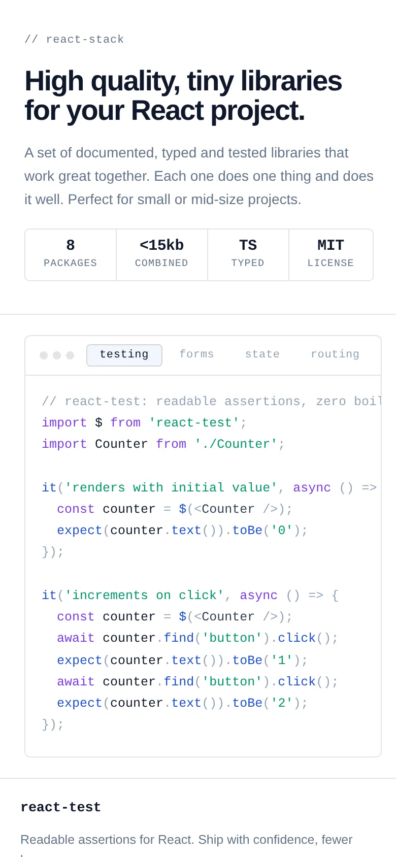 Mobile view of react-stack.com