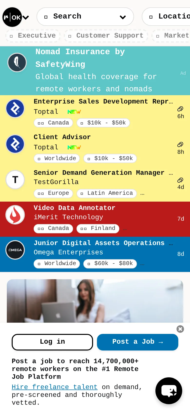 Mobile view of remoteok.io