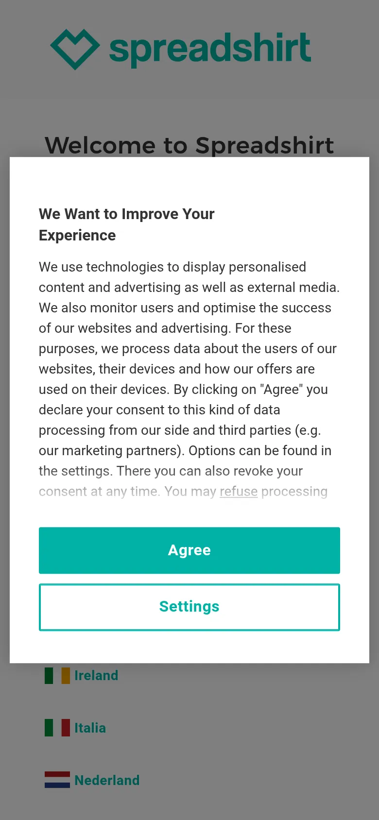 Mobile view of spreadshirt.net