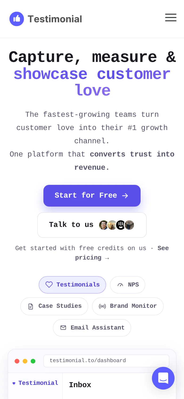 Mobile view of testimonial.to